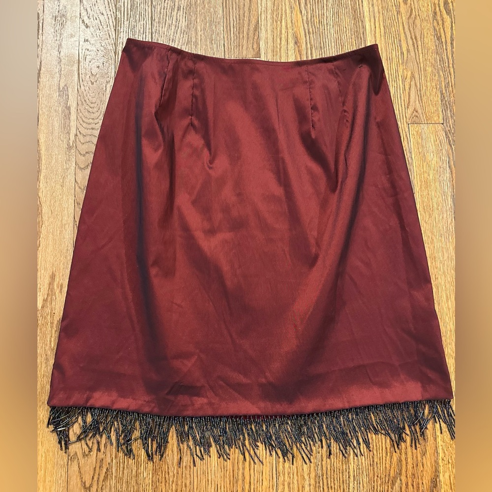 Vintage Y2K Satin Burgundy Statement Party Skirt with Beaded Flapper Fringe